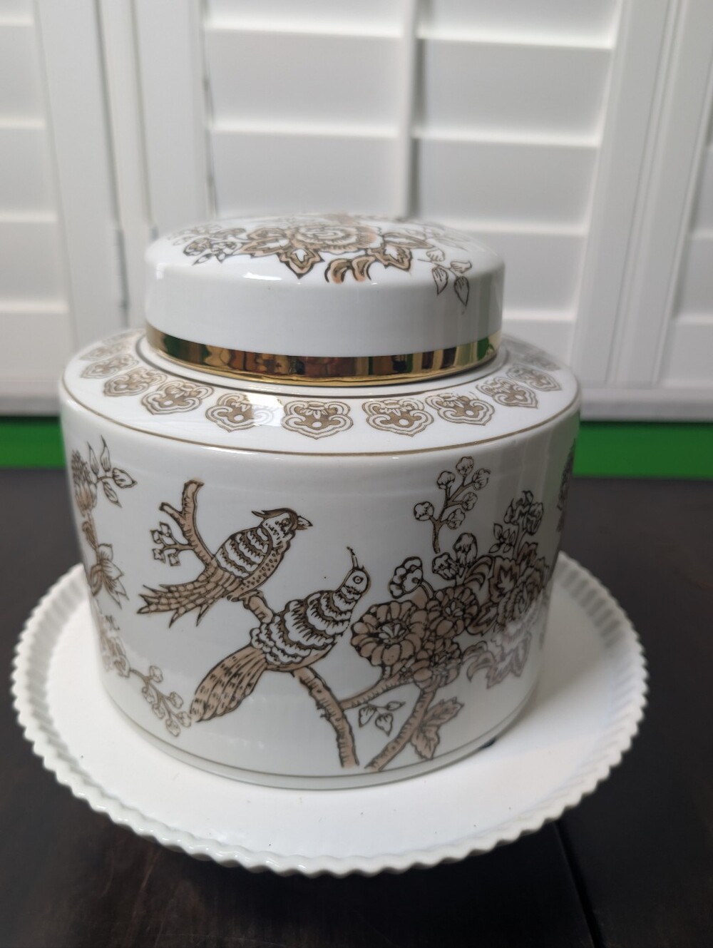 White Ceramic Ginger Jar with Gold Bird Motif